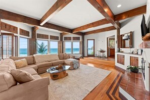 Living Room: Expansive ocean views and rustic beams create a stunning retreat for relaxation! - Brewer’s Bluff | Iconic Ocean View Estate (Lincoln City)