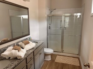 Une salle de bain avec un comptoir en granit, des toilettes blanches, une douche en verre et un tapis beige.