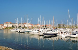 Ein Yachthafen mit mehreren vertäuten Booten, einer ruhigen Wasseroberfläche und Gebäuden mit roten Dächern im Hintergrund.