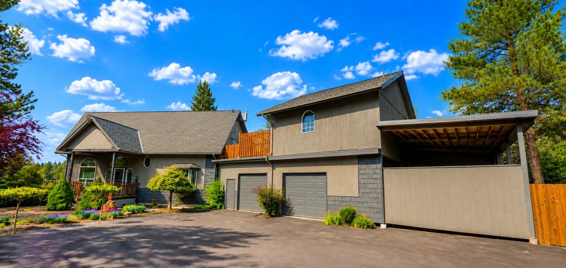 A modern two-story house with a garage, a covered driveway, and a well-maintained garden.