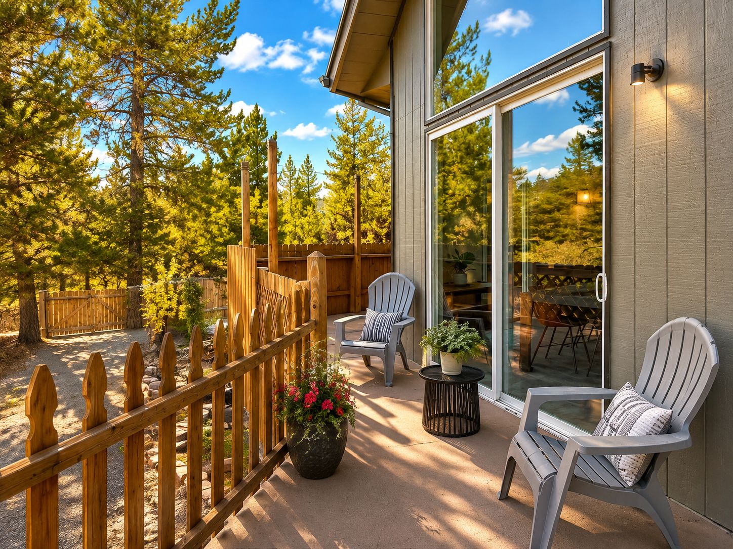 A covered patio with two Adirondack chairs, a wooden fence, and a view of the surrounding trees.