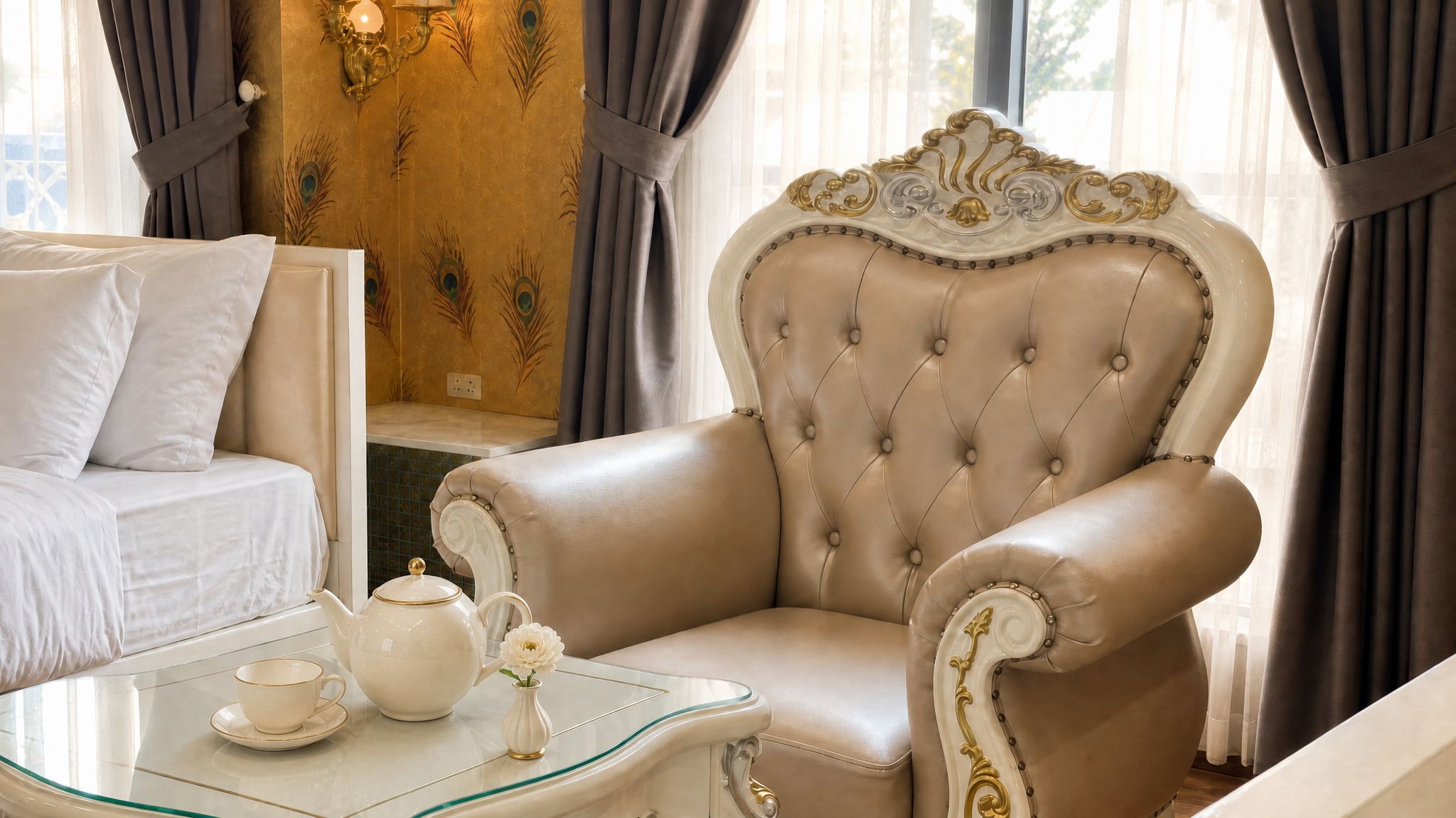Una habitación lujosa con un sillón clásico, una mesa de vidrio con tetera y tazas, y una cama con ropa blanca.
