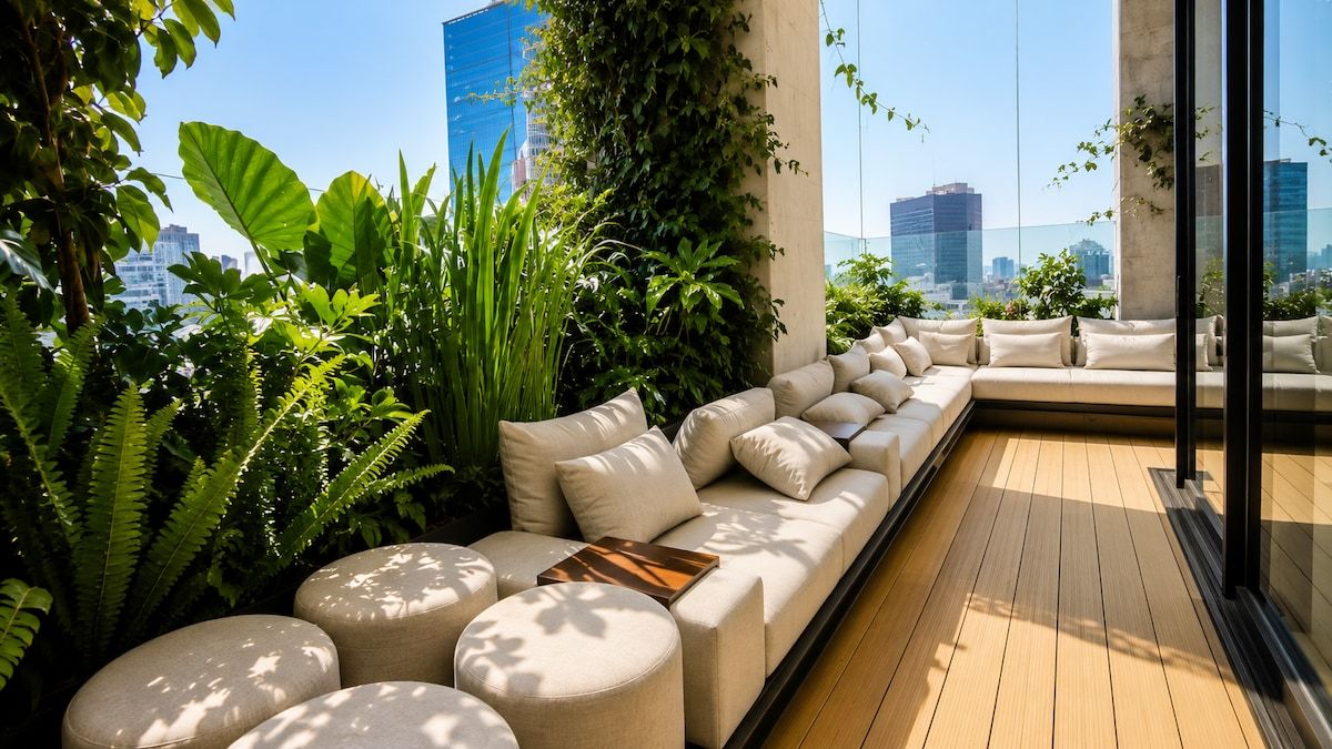 A rooftop terrace with a long sofa, round ottomans, and lush greenery.