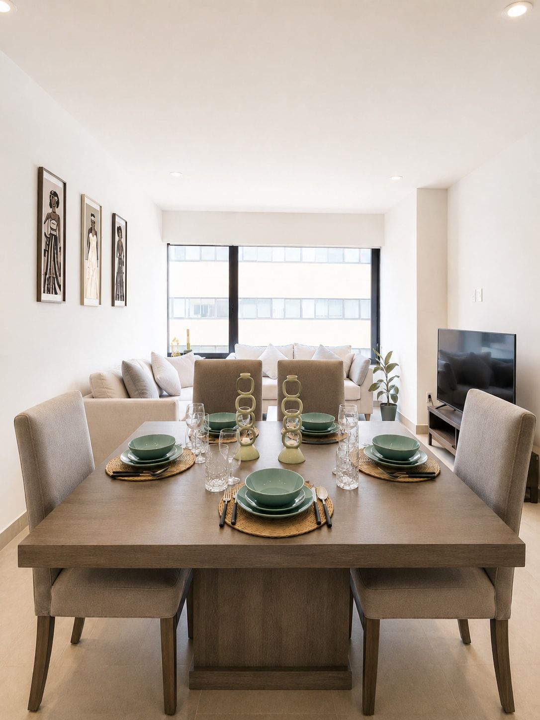 A dining area with a wooden table set for four, surrounded by sofas and a television.