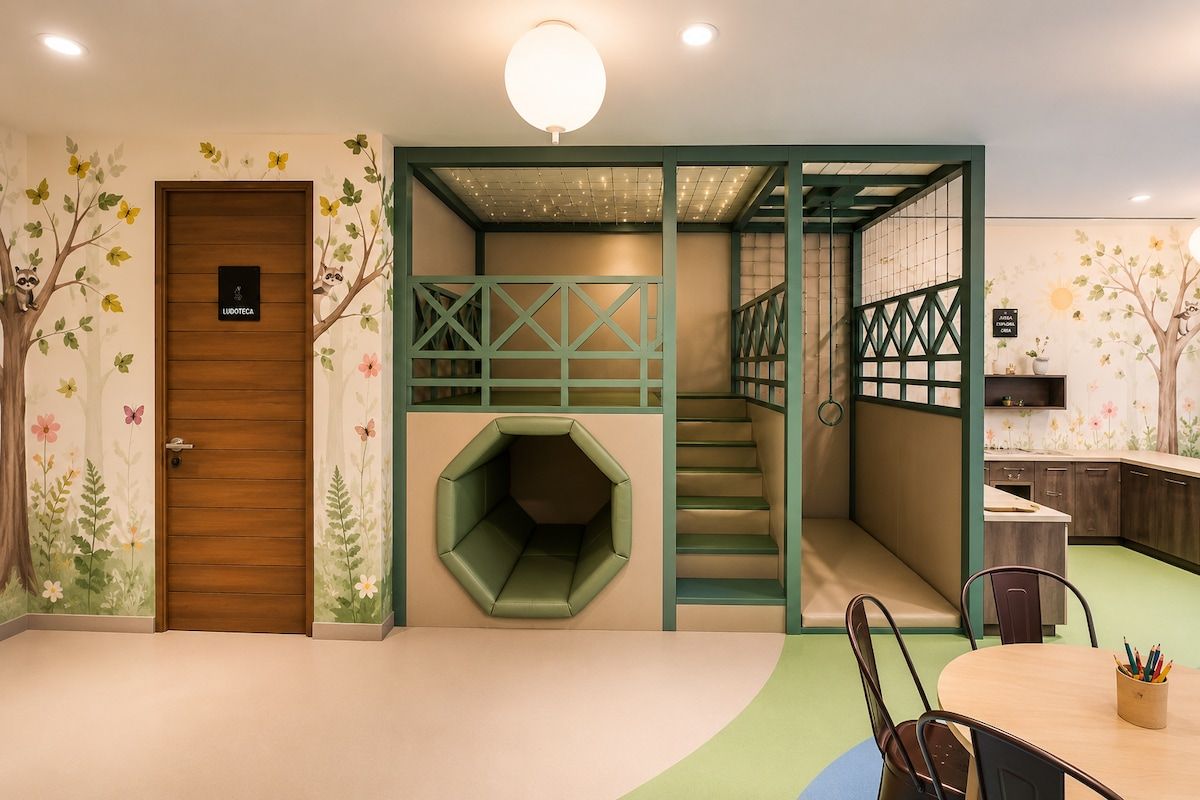 Un'area giochi per bambini con una porta in legno, una casetta a forma esagonale e una scala.