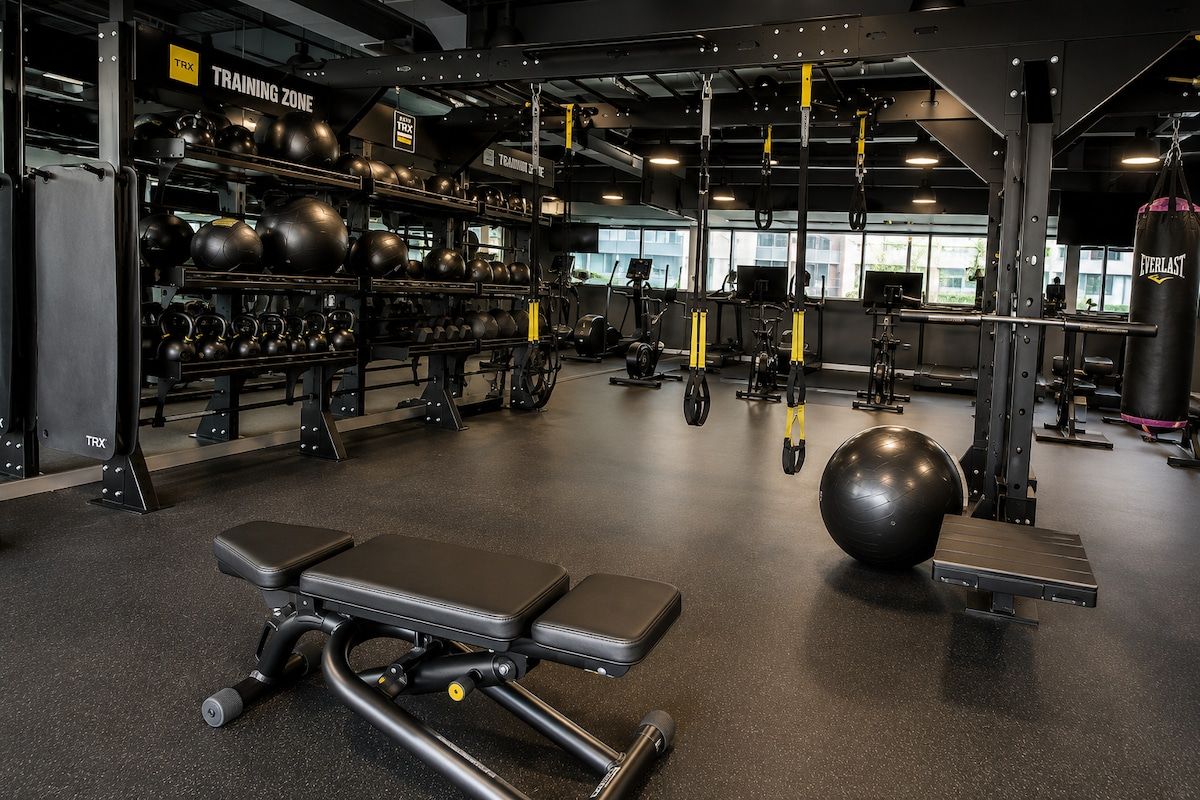 A gym with various exercise equipment, including kettlebells, a bench press, and a punching bag.