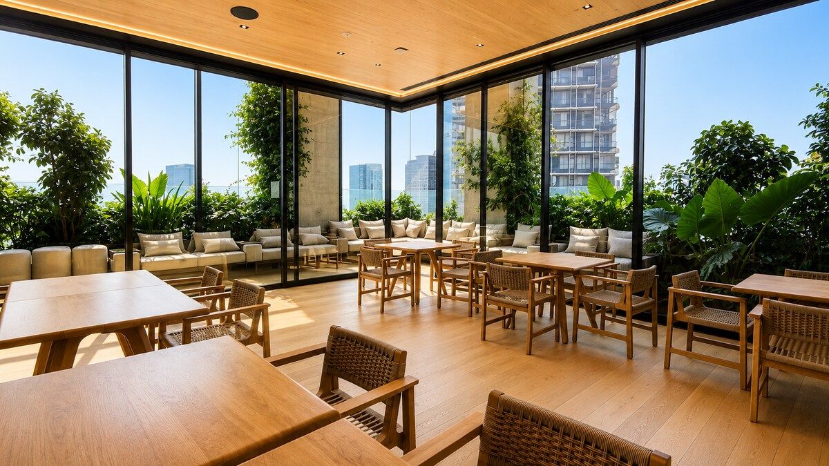 Een ruim buitenzitgedeelte met houten tafels en stoelen, omgeven door grote ramen met uitzicht op de stad.