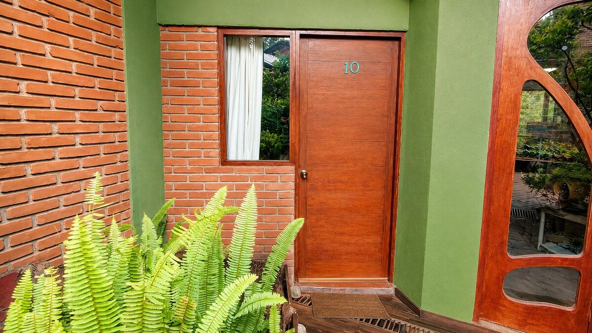 A wooden door with the number 10, a brick wall, and green foliage.