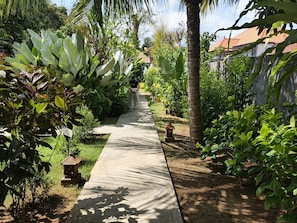 Un sendero bordeado por abundante vegetación y una casa tradicional al fondo.