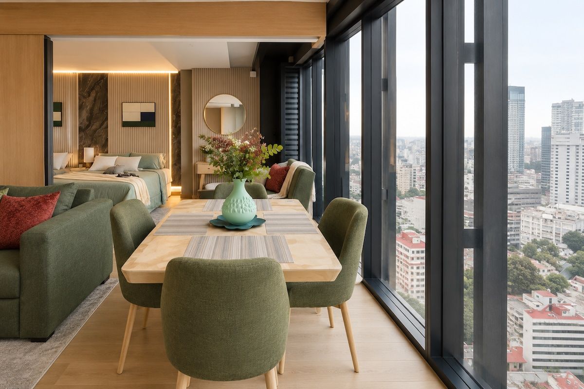 Un salon moderne avec un coin repas, de grandes fenêtres et une vue sur la ville.