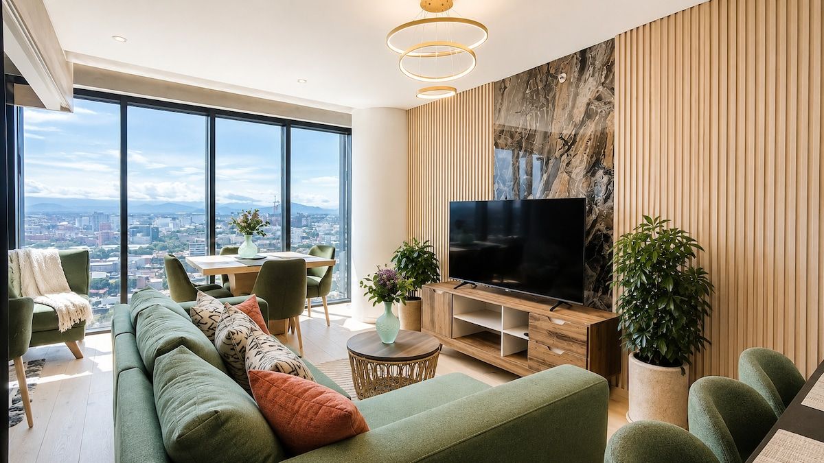Ein modernes Wohnzimmer mit großem Fernseher, grünen Sofas, einem Essbereich und Blick auf die Stadt.