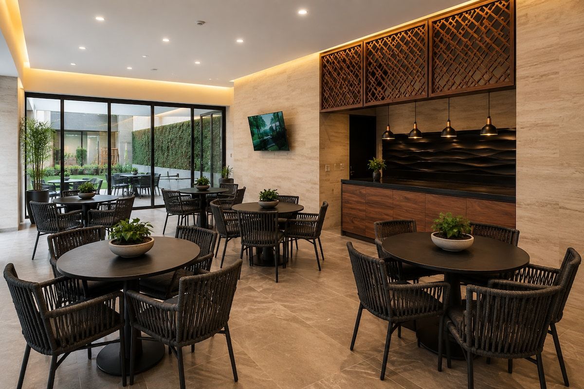 A modern dining area with round tables and wicker chairs, a large window overlooking a garden, and a wall-mounted TV.