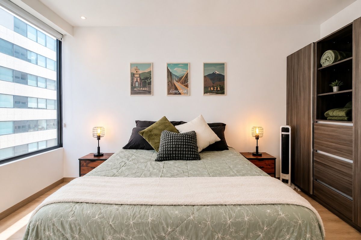 A neatly arranged bedroom with a bed, pillows, a nightstand, a lamp, and wall art depicting locations.