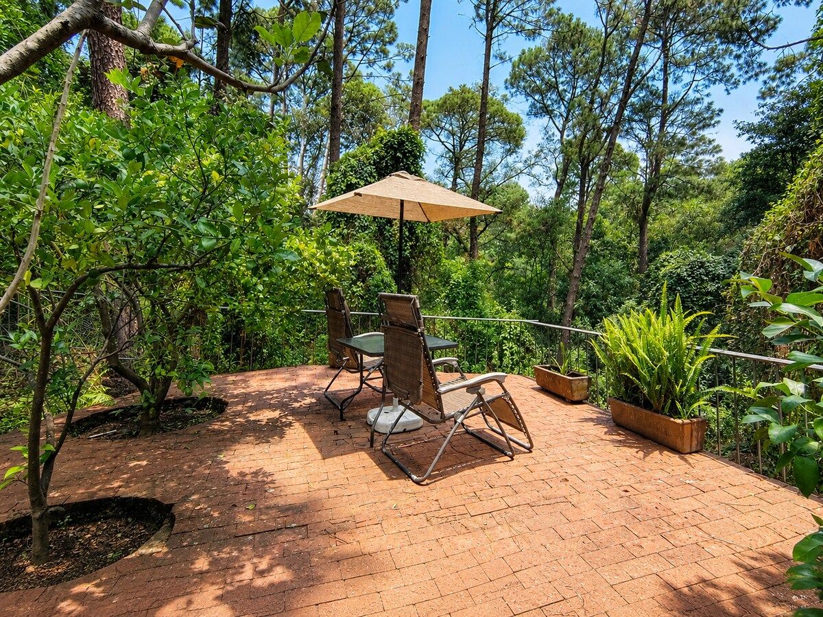 An outdoor patio with a table and chairs, surrounded by greenery and trees.