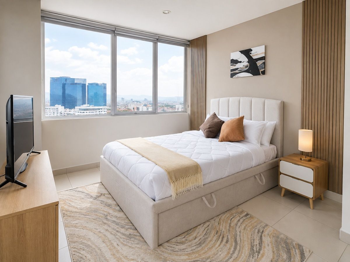 Une chambre moderne avec un grand lit, des tables de chevet, une télévision et une vue sur la ville.