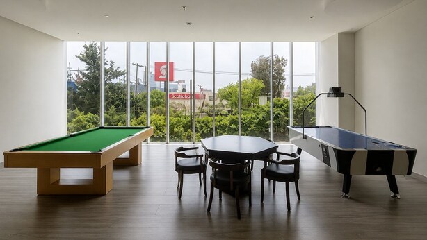 A pool table with chairs, a billiards table, and a large window with a view of greenery and buildings. - Executive apartment Vistas del Bosque near Polanco (Mexico City)