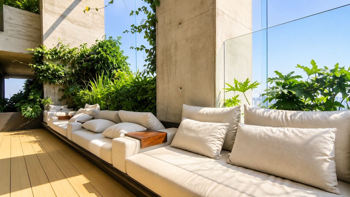 Ein moderner Außenbereich mit einer Sitzecke, einer Couch und Kissen, umgeben von viel Grün und blauem Himmel.