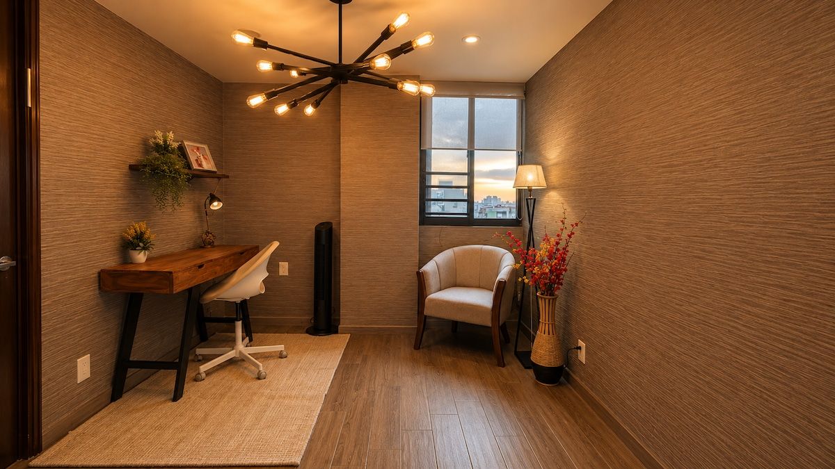 Een moderne kamer met een houten bureau, een stoel, een hanglamp en een raam met uitzicht.