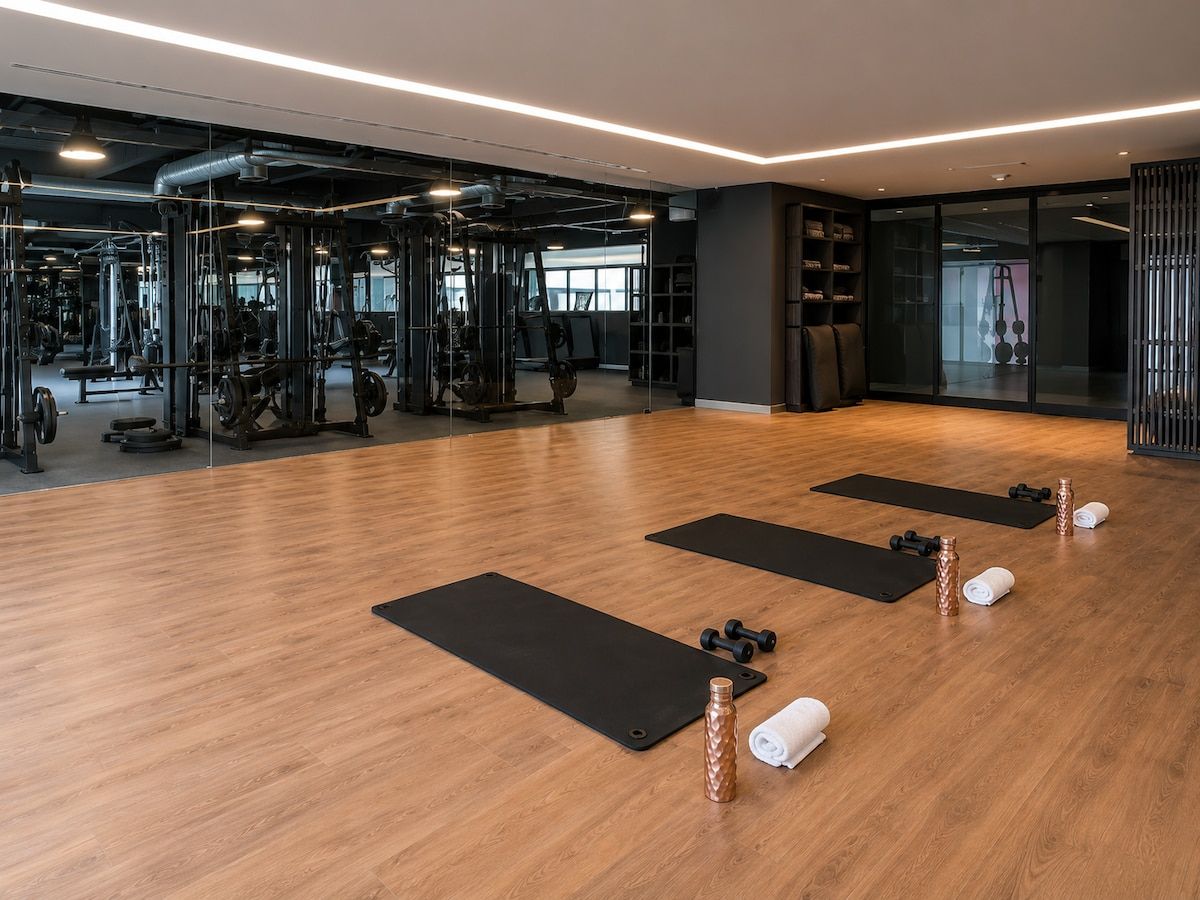 Ein Fitnessraum mit Übungsmattem, Kurzhanteln und Holzboden.