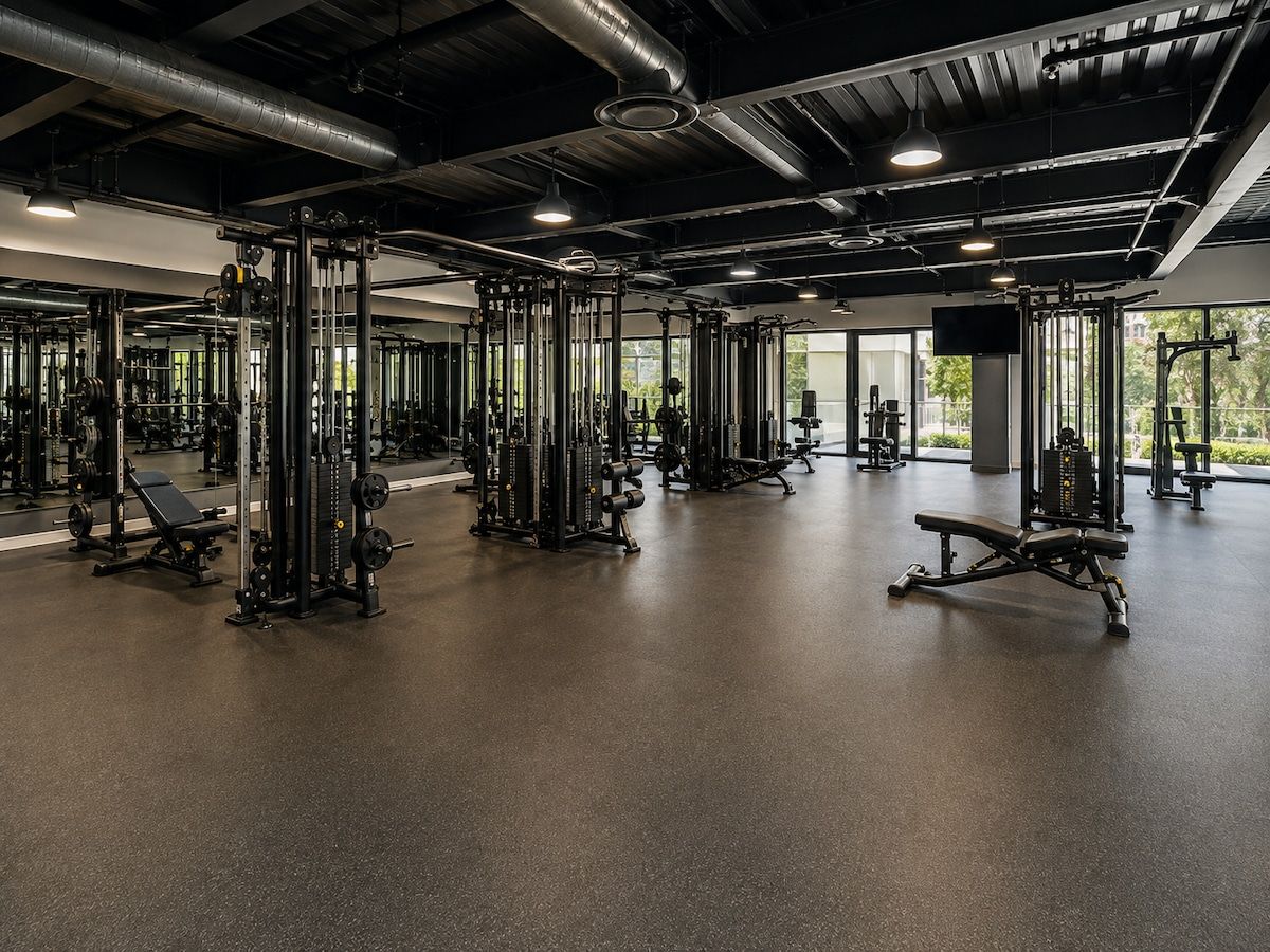 Une salle de sport équipée de divers appareils d’exercice, dotée de grandes fenêtres et d’un plafond haut.