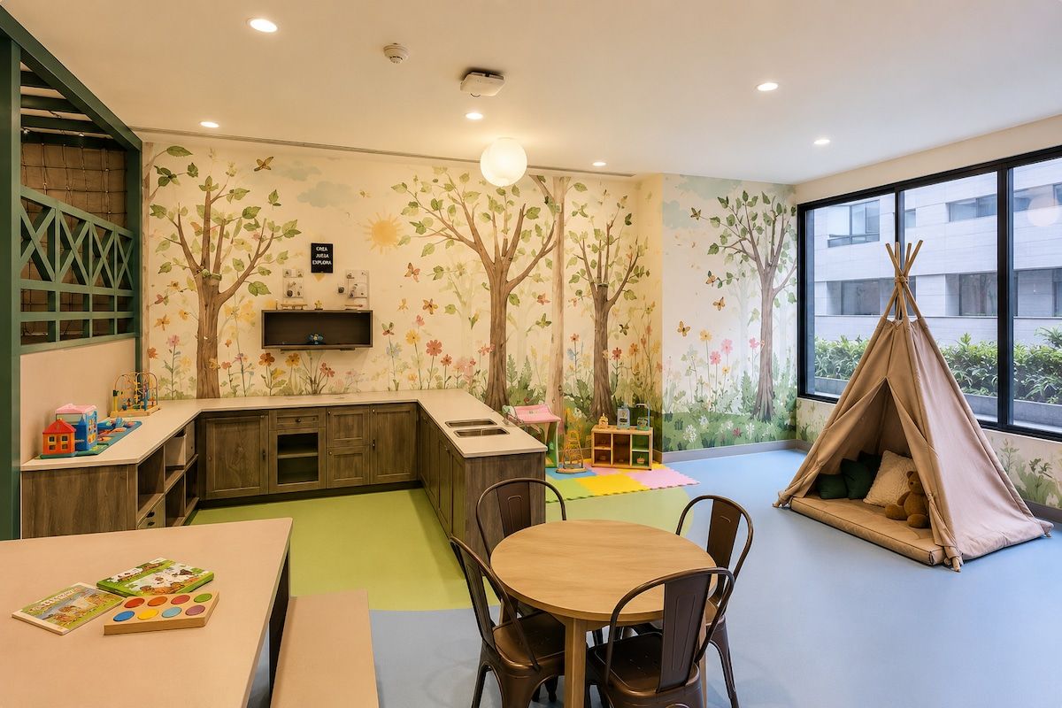 Une salle de jeux pour enfants avec une table, des chaises, une tente et une fresque murale.