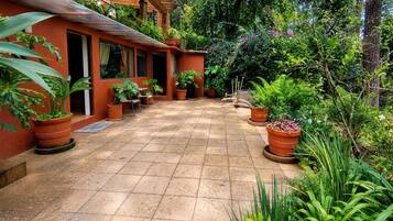 A covered outdoor area with a tiled floor, surrounded by potted plants and trees.