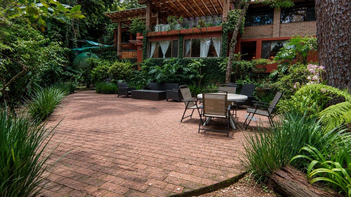 A brick patio with outdoor furniture and lush greenery.