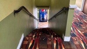 A hallway with a patterned carpet, a Pepsi banner, and a chandelier. - Moonlight Inn (Gardena)