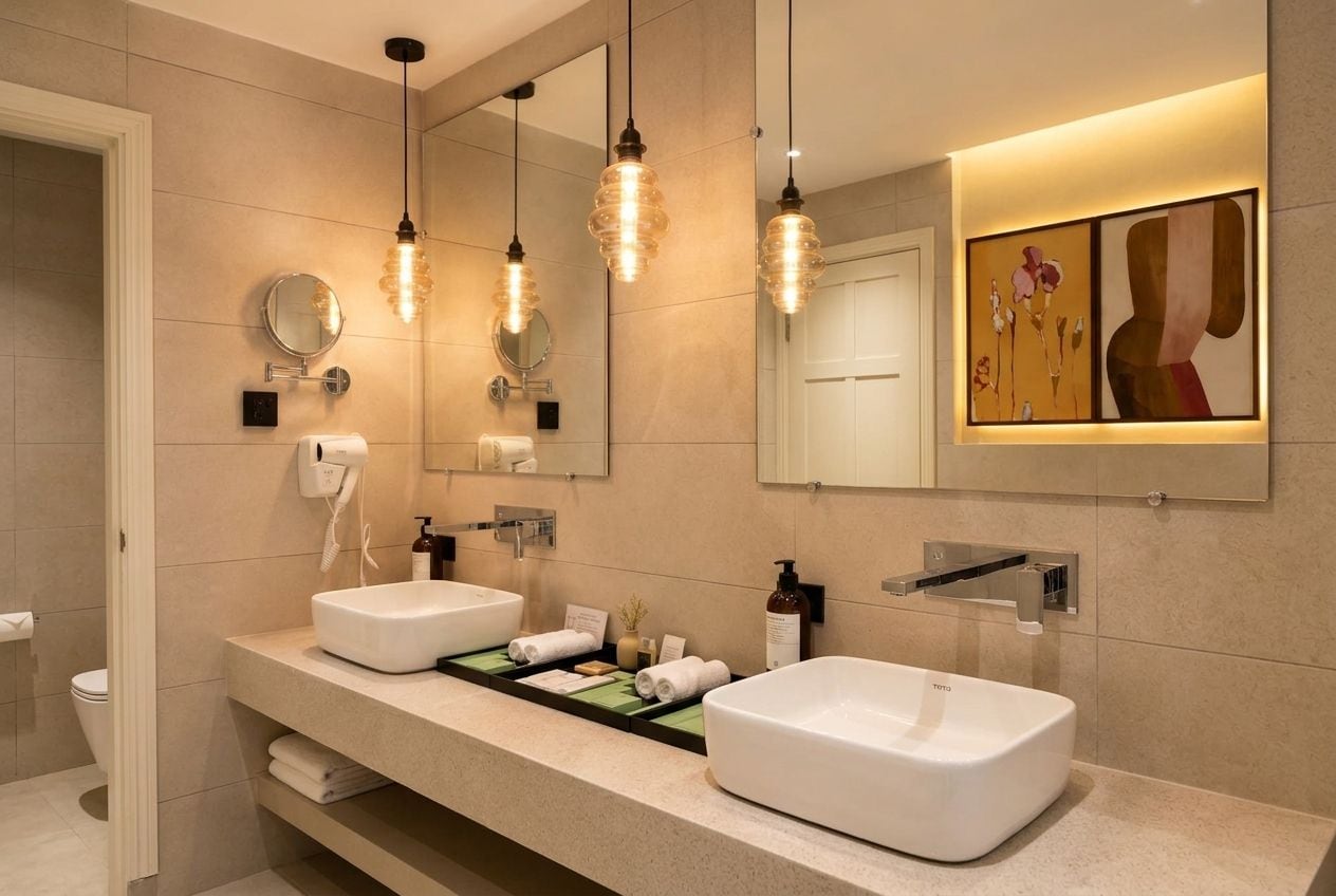 Une salle de bain moderne avec deux vasques, un grand miroir et des luminaires suspendus.