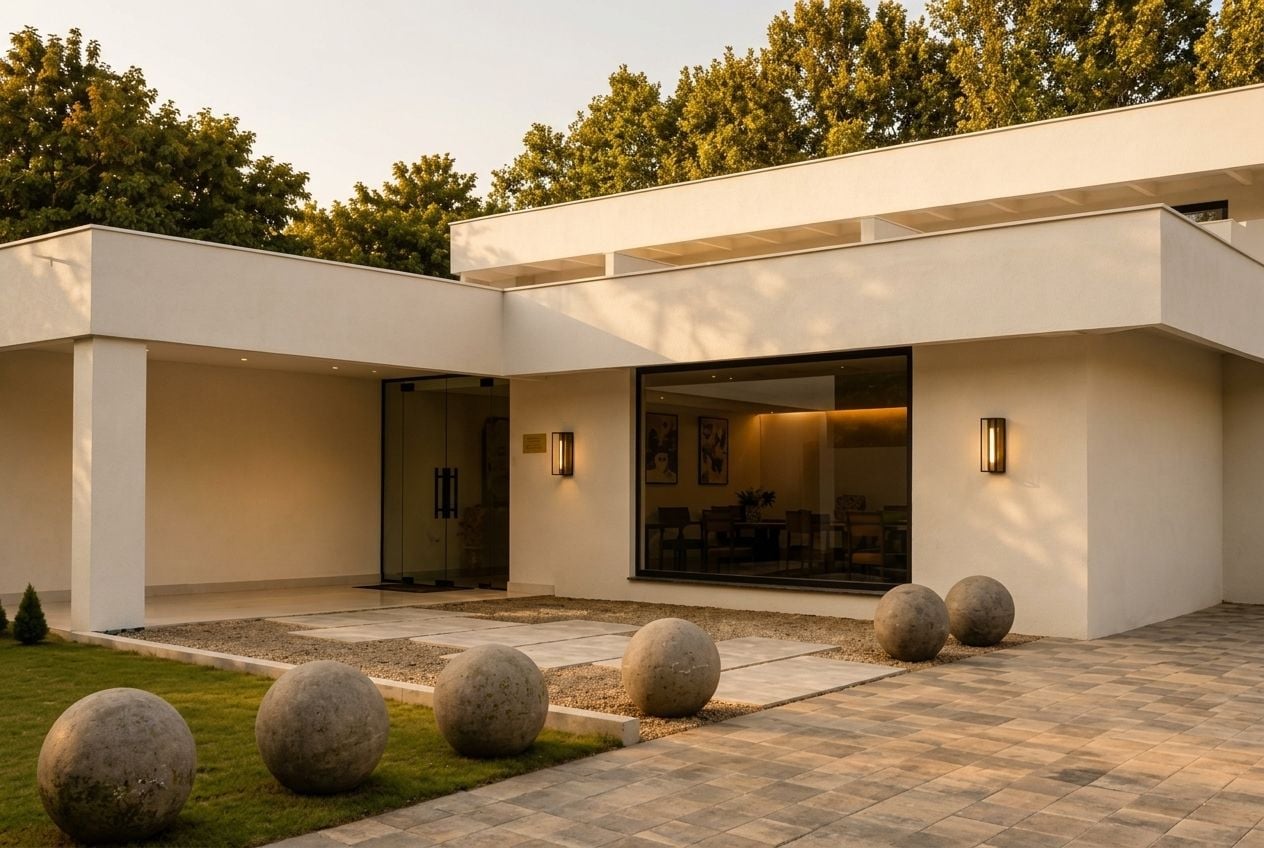 Un bâtiment moderne doté d’un toit plat, de grandes fenêtres en verre et d’un espace extérieur pavé avec des pierres sphériques.