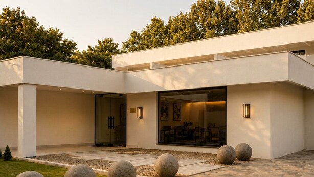 A modern building with a flat roof, large glass windows, and a paved outdoor area with spherical stones. - Wonderful 1-bedroom hotel suites with AC in Islamabad Capital Territory (Islamabad Capital Territory)