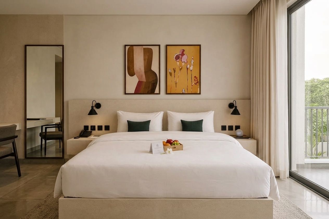 Une chambre d’hôtel avec un grand lit, deux tables de chevet avec des lampes, un bureau et une chaise. Deux œuvres d’art encadrées sont accrochées au mur au-dessus du lit.