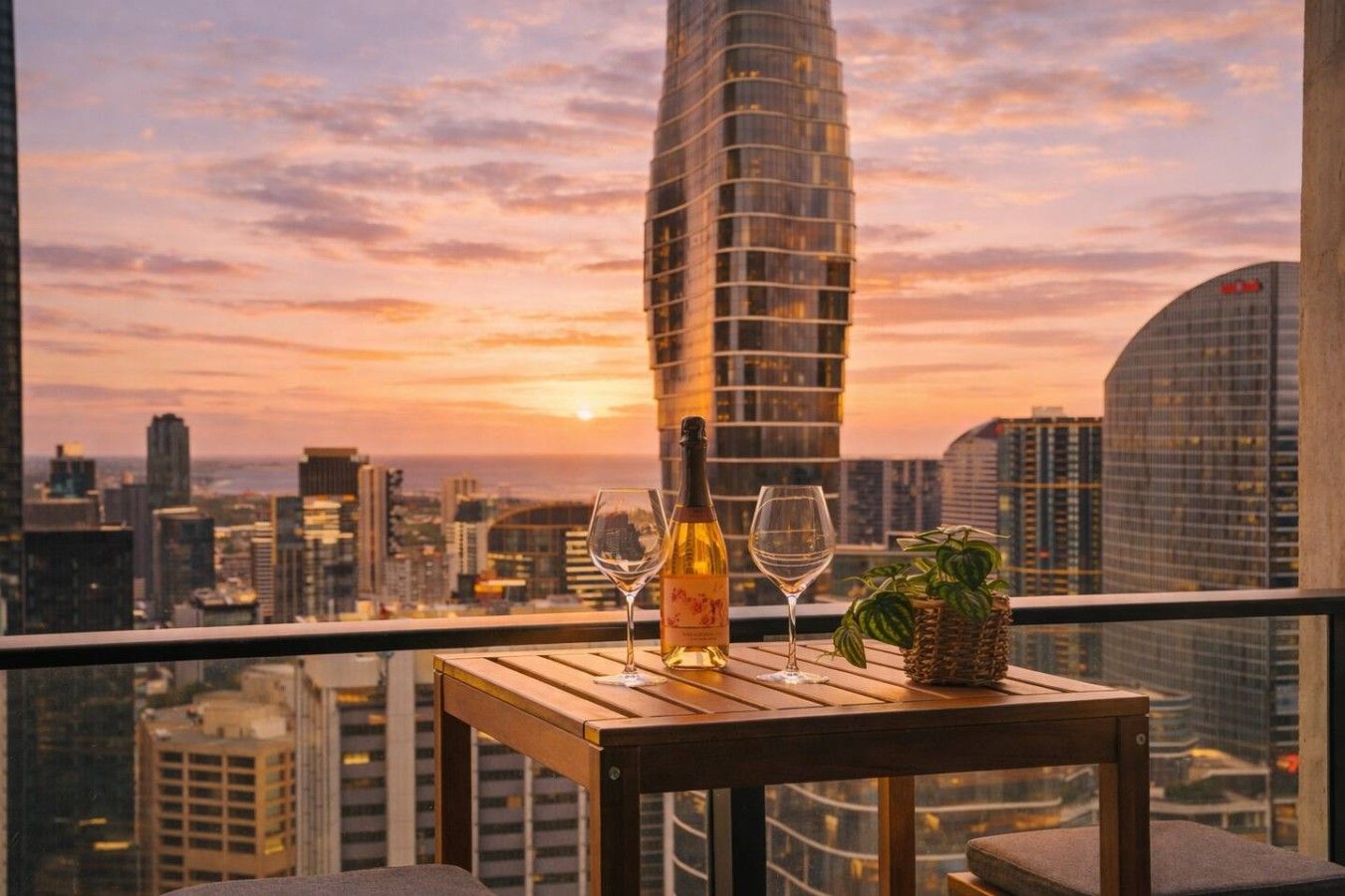 A table with a bottle and glasses, overlooking a cityscape at sunset.