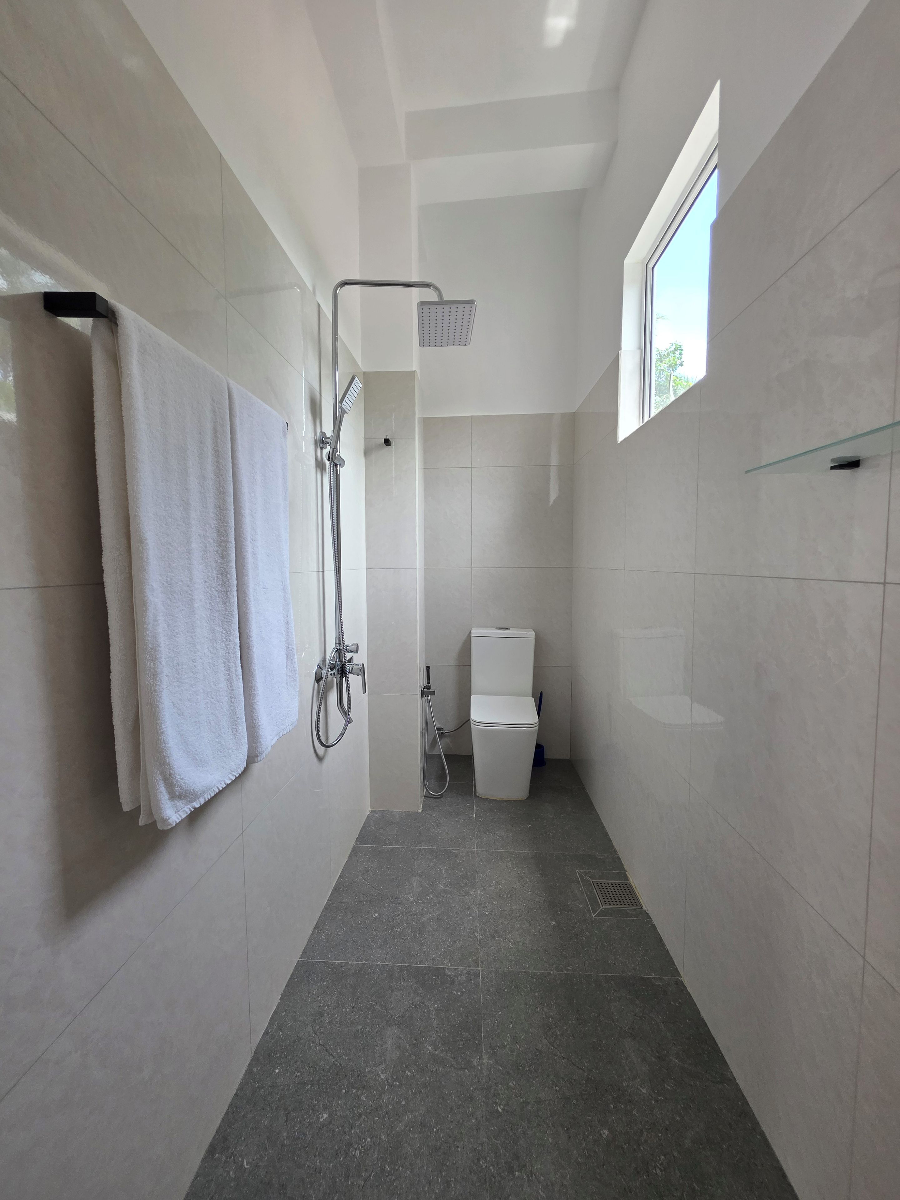 Un baño pequeño y moderno con ducha, inodoro y un perchero para toallas.