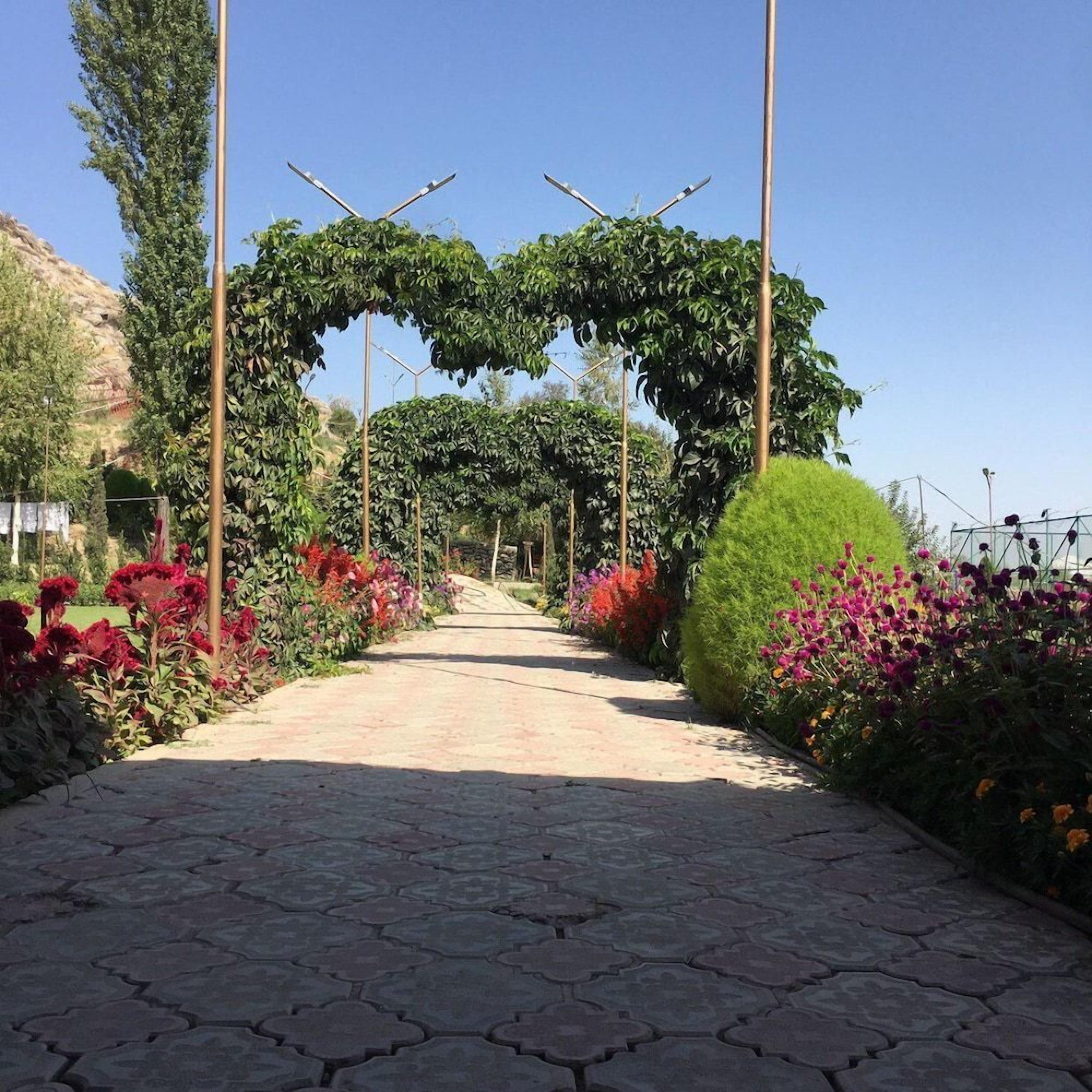 A paved pathway flanked by lush greenery and flowering plants, leading to a structure with a heart-shaped archway.