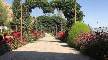 A paved pathway flanked by lush greenery and flowering plants, leading to a structure with a heart-shaped archway.