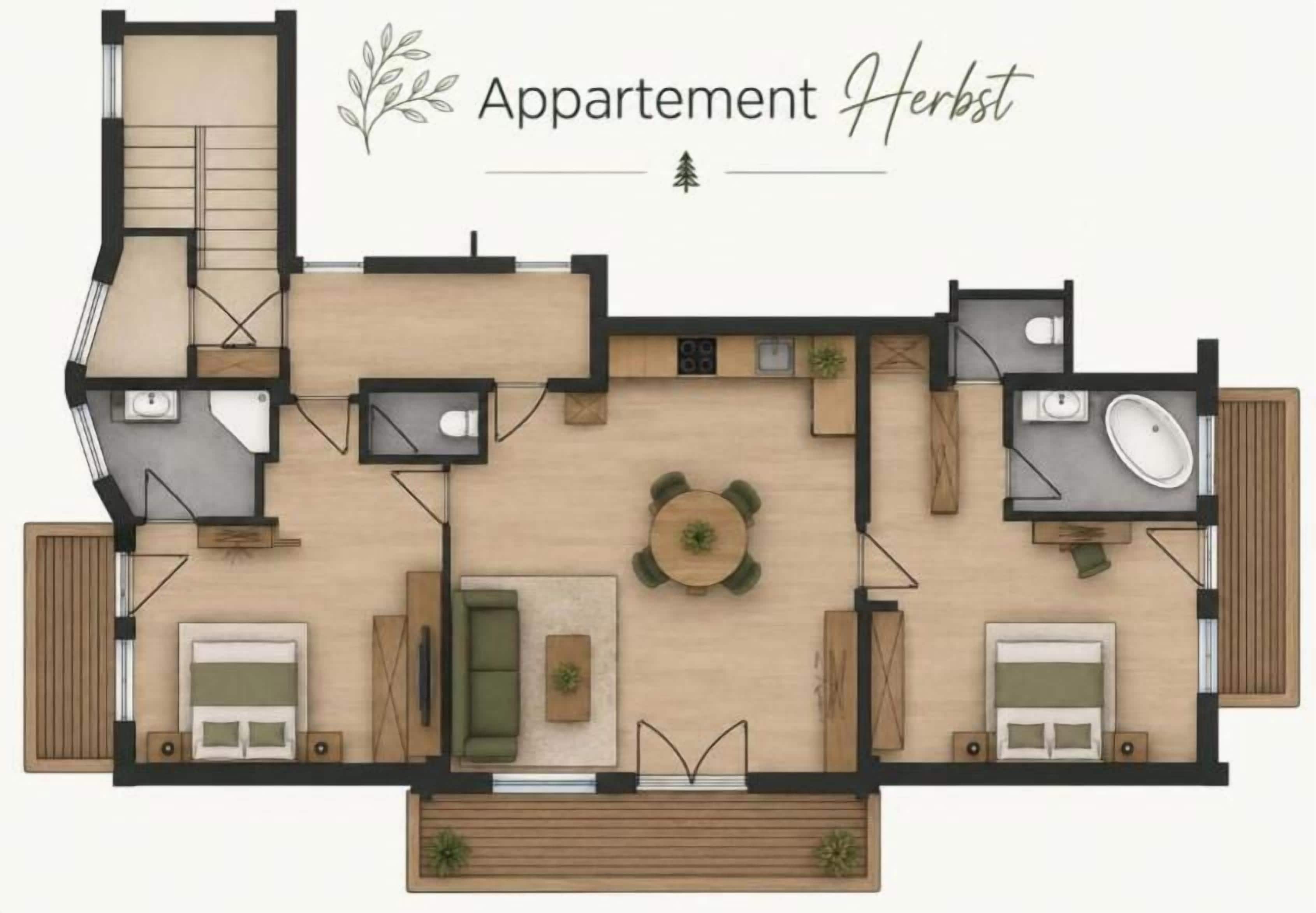 A floor plan of an apartment with a living room, kitchen, two bedrooms, a bathroom, and a staircase.