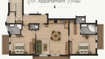 A floor plan of an apartment with a living room, kitchen, two bedrooms, a bathroom, and a staircase.
