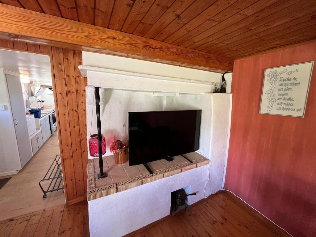 Een kamer met een open haard, een televisie en een keuken in de achtergrond.