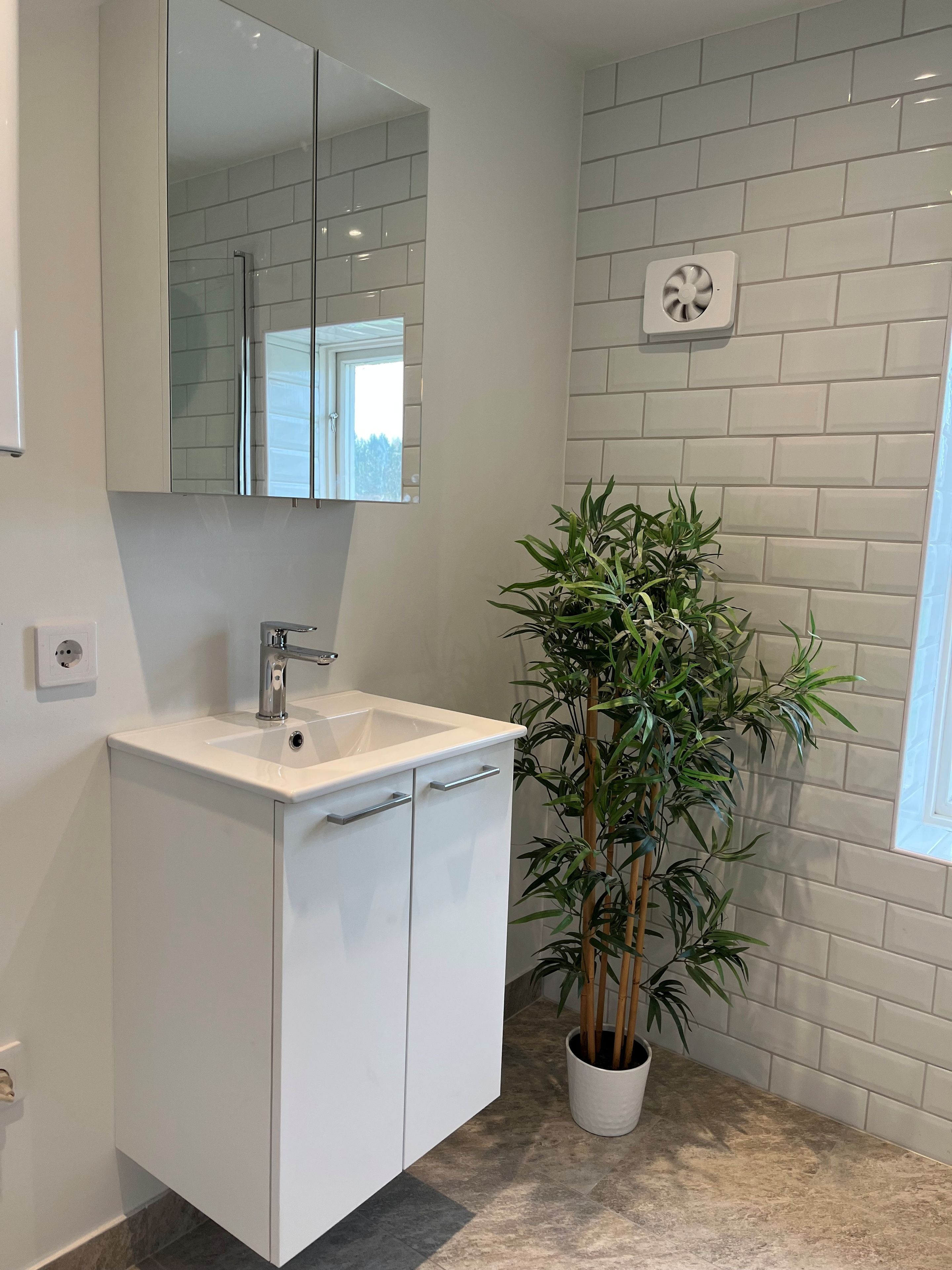 Une salle de bain moderne avec un lavabo blanc, un miroir et une plante en pot.