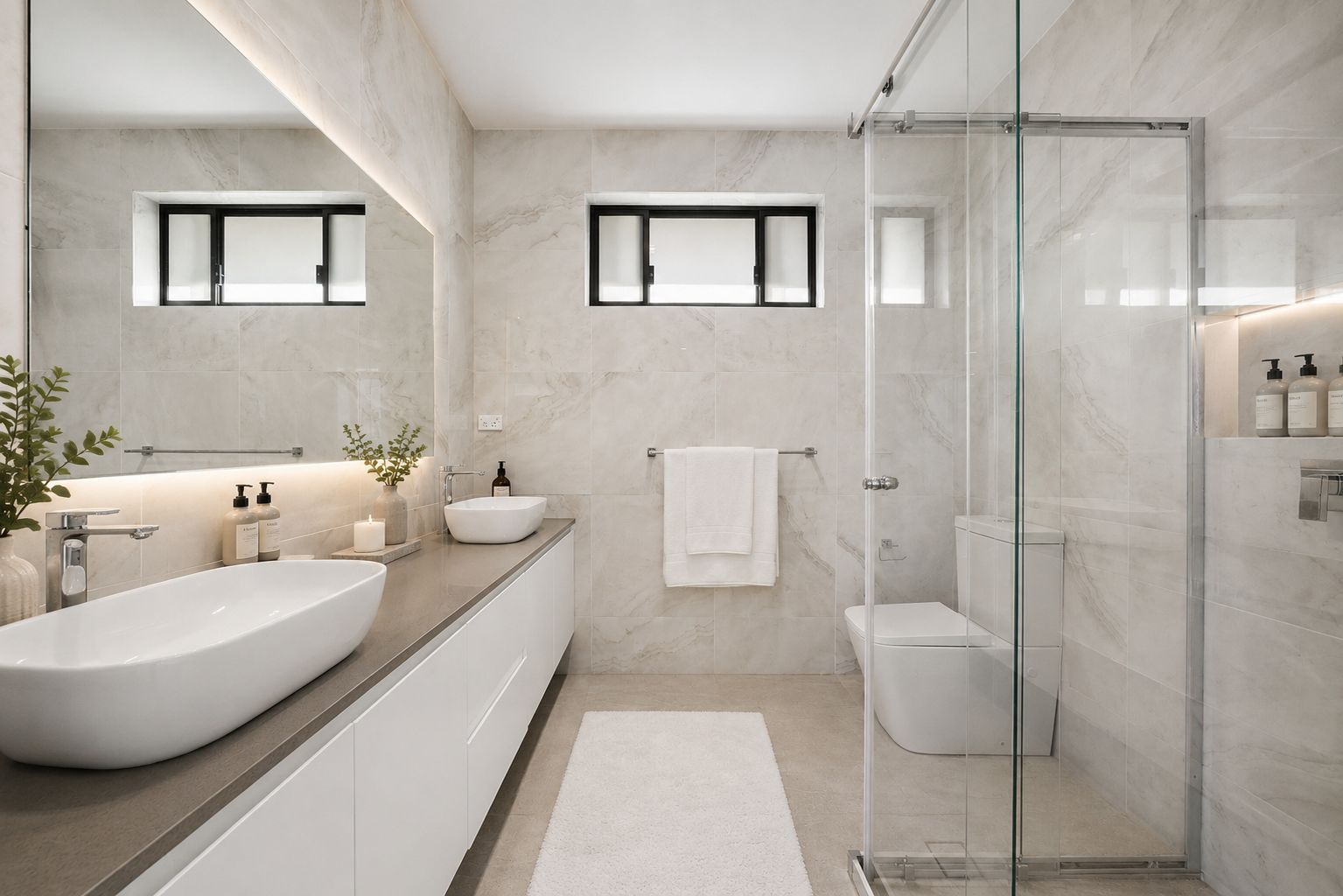 Ein modernes Badezimmer mit einer großen, freistehenden Badewanne, einer gläsernen Dusche und einem Waschtisch mit großem Spiegel.