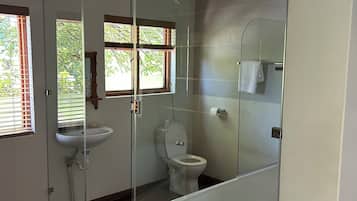A modern bathroom with a glass shower enclosure, a white bathtub, and a toilet.