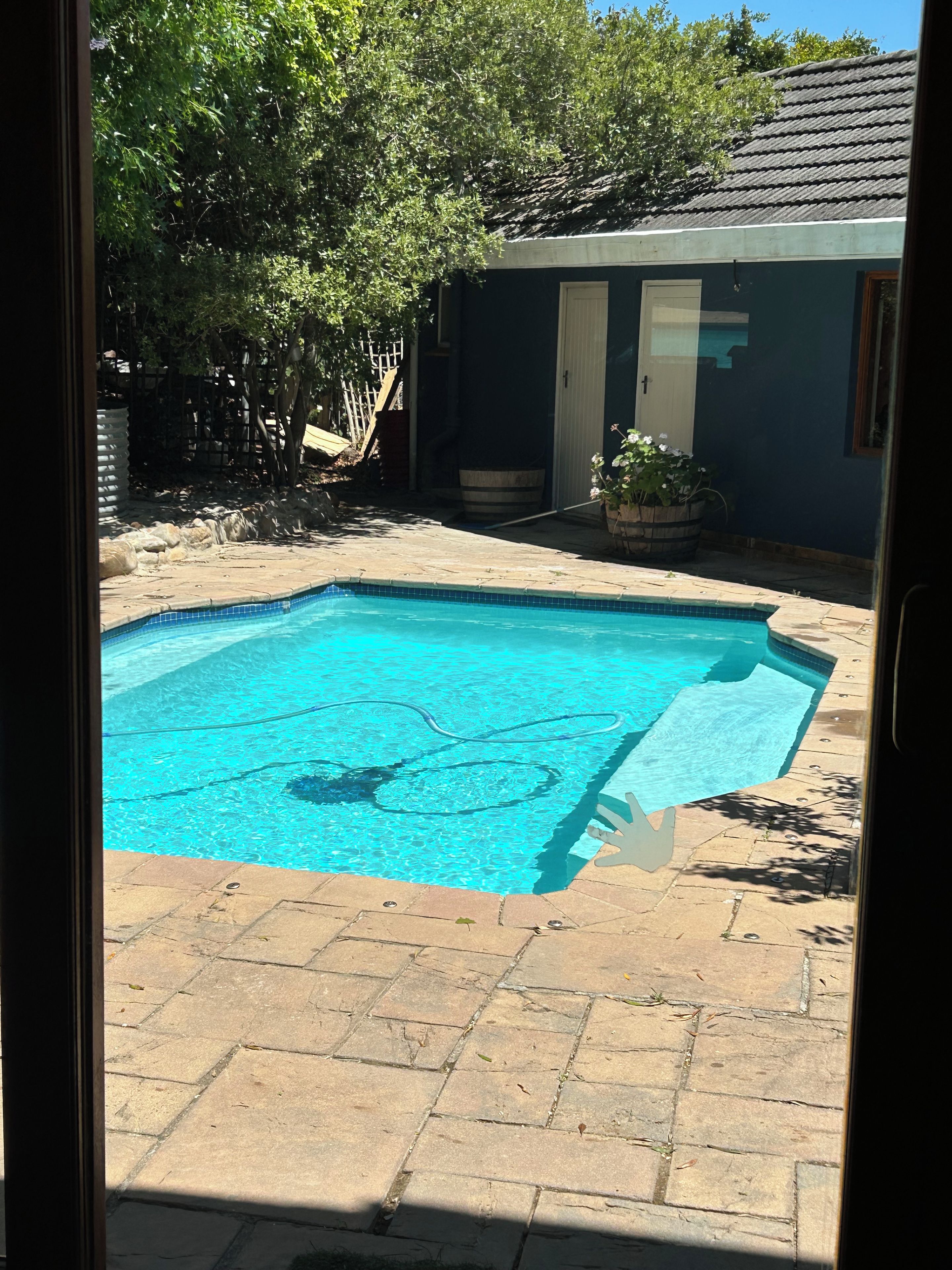 A swimming pool with a tiled edge, surrounded by a stone patio.