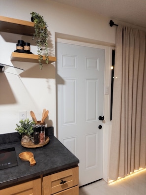 Une cuisine avec un plan de travail, des placards en bois, une porte blanche et une plante suspendue.