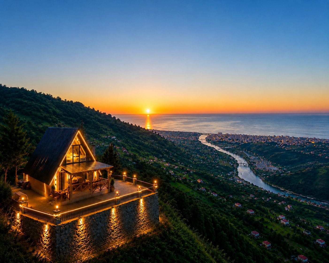A house with a sloped roof, a balcony, and a stone foundation, overlooking a valley with a river and a cityscape at sunset.