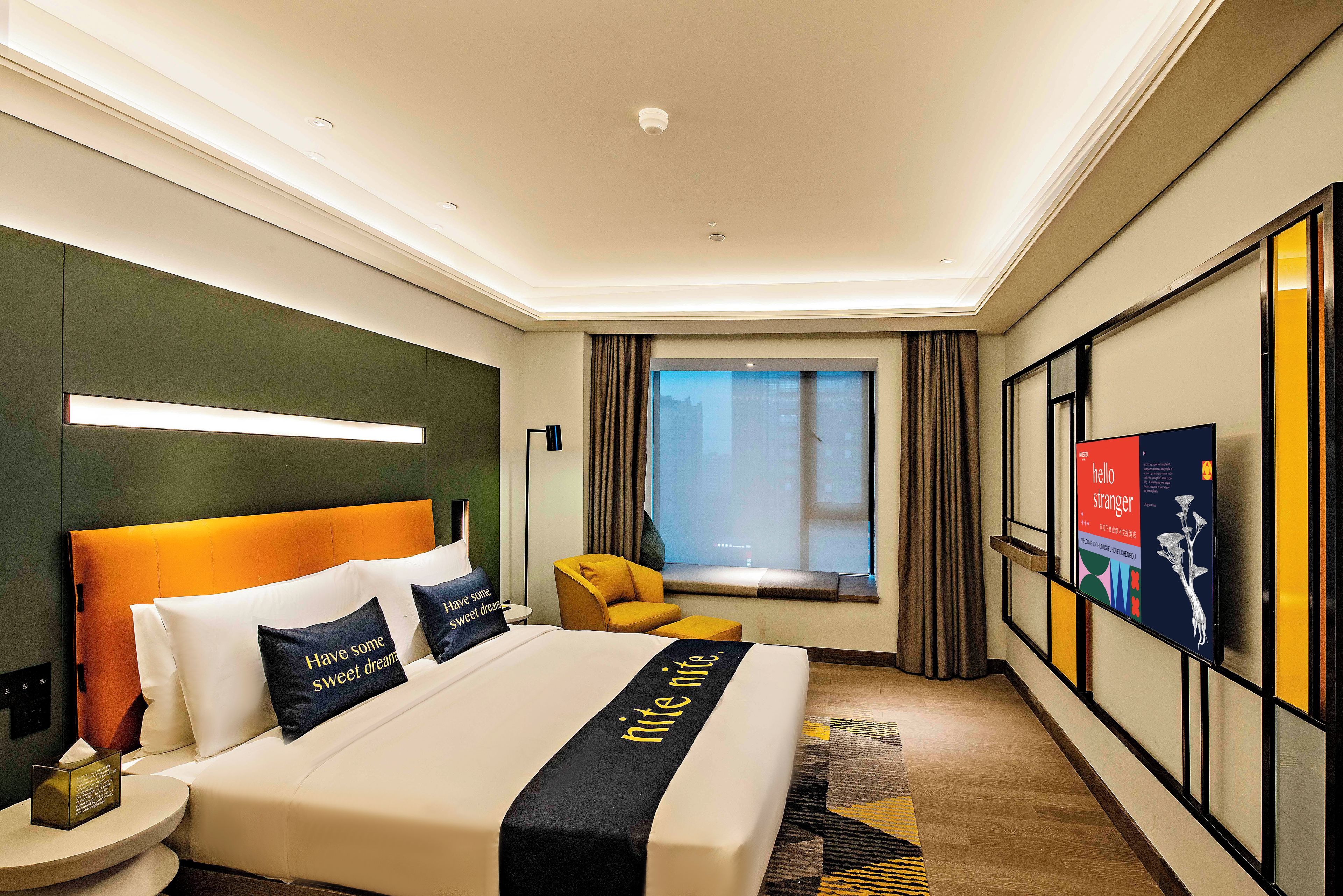 A hotel room with a bed, a television, a window with curtains, and a view of the city.