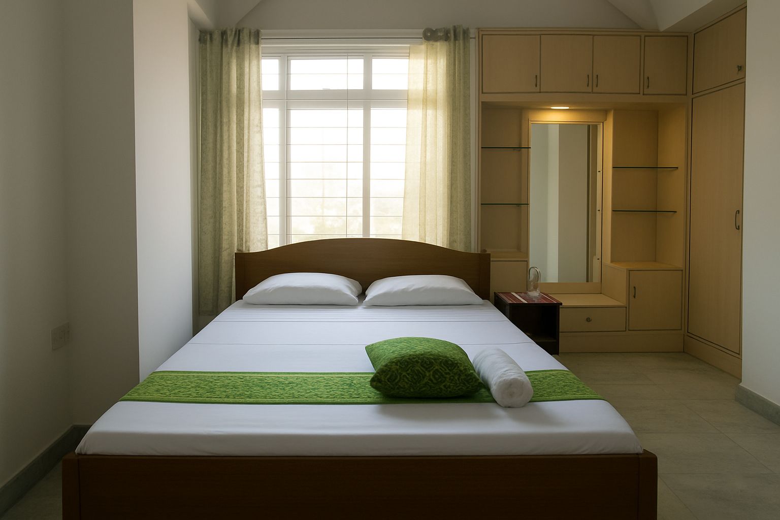 Una habitación de hotel con cama, mesita de noche, espejo y armario.