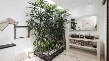 Un baño moderno con una planta grande en maceta, un espejo y un lavamanos doble.