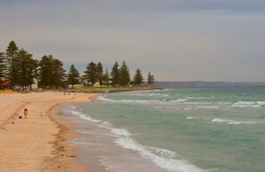 A beach with a sandy shore, waves, and a row of trees. - Colley Reserve Retreat (Glenelg)