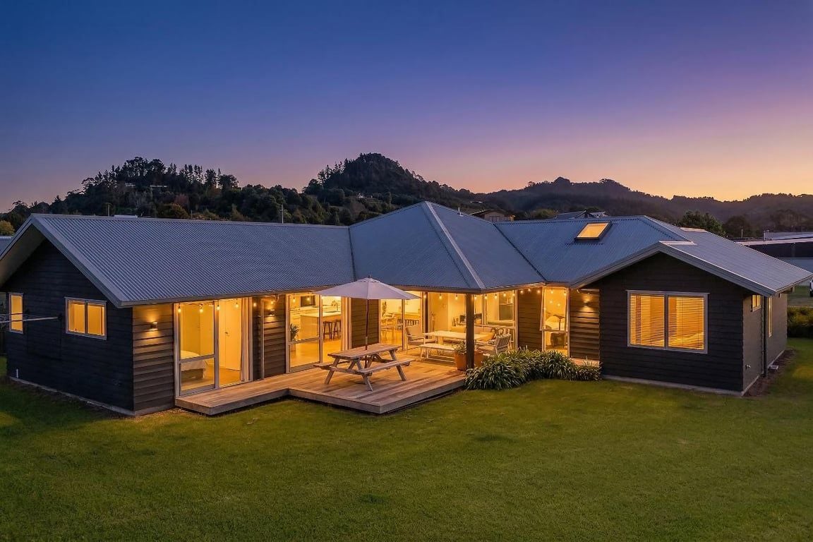 Une maison moderne dotée d’une terrasse, de grandes fenêtres et offrant une vue sur le paysage environnant.